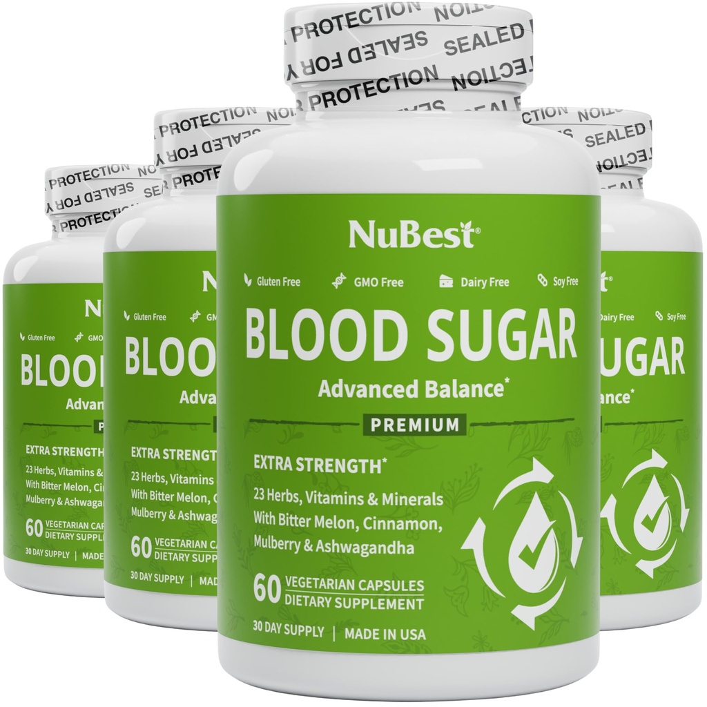 NuBest Blood Sugar - Premium-Formel mit Bitter Melon, Ashwagandha, Cinnamon, Chrom, Magnesium, Vitamine, Alpha Lipoic Acid, Cayenne Pepper - Unterstützt gesunden Blutzucker - Pack 4