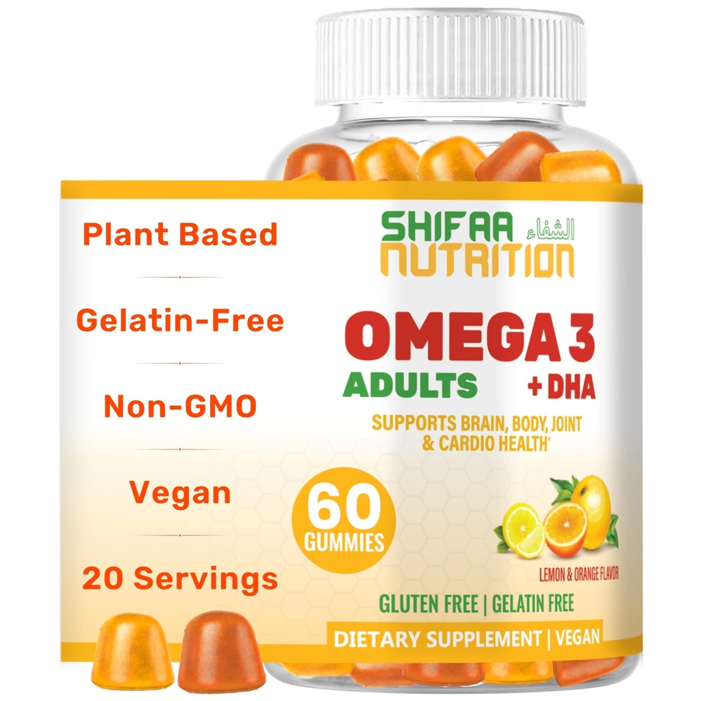 SHIFAA NUTRITION Vegan Omega 3 Gummie für Erwachsene | Kein Fischöl Burps | 60 Gummies | Plant Based w/Chia Oil, Algae | Omega 3 6 9 w/DHA, Vitamin C | für Gehirn, Herz-Kreislauf- und Immununterstützung Halal
