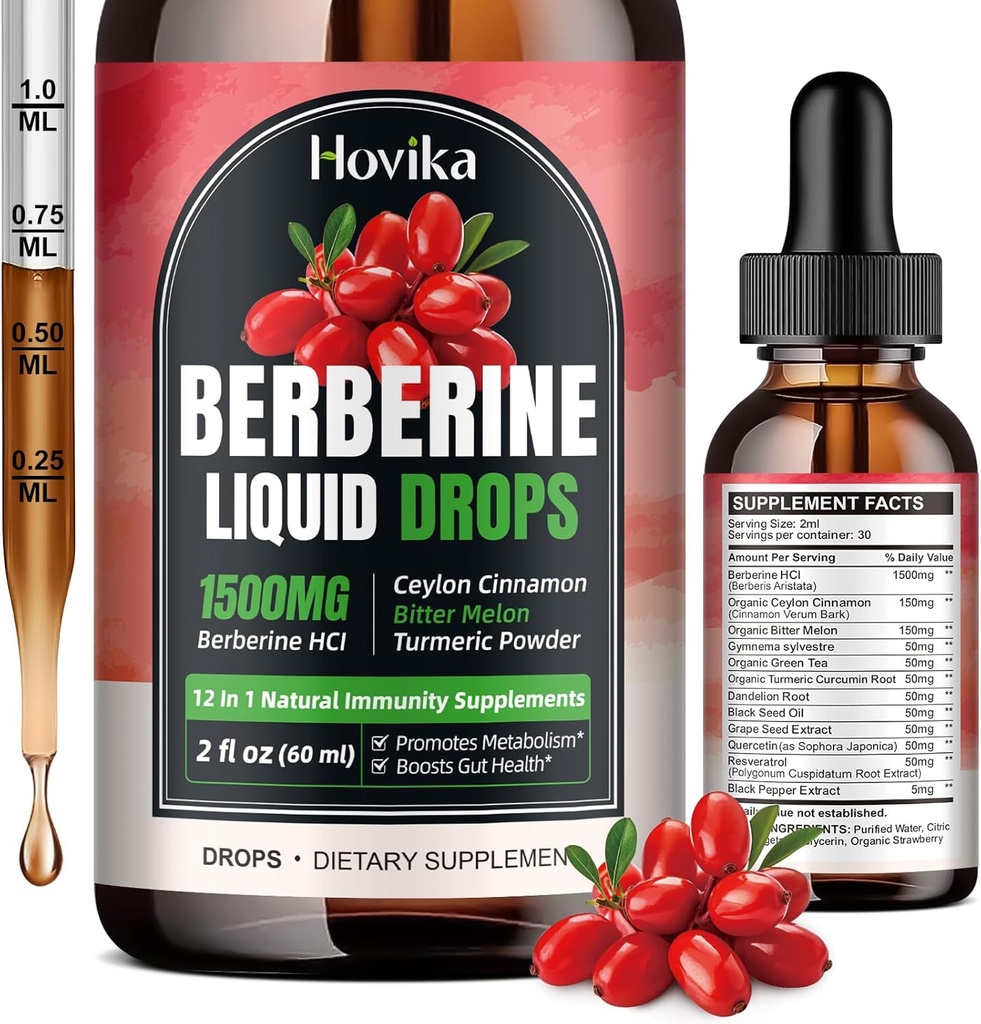 Berberine HCL Liquid Drops - 1500 mg Highly Absorbable Berberine Liquid Drops - Berberine Veggie Supplement für Immun-, Verdauungssystem und Herzgesundheitsunterstützung, Erdbeer Flavor- 2 FL Oz