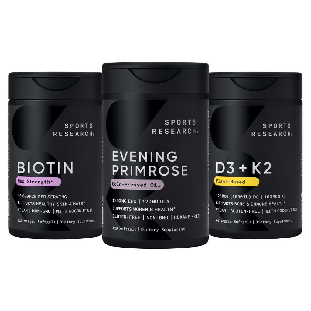 Sportforschung Vegan Biotin 10.000mcg mit Kokosöl, Abend-Primrose-Ergänzung aus kaltgepresstem Öl und pflanzenbasiertem Vitamin K2 MK7 + Vegan D3 5000iu