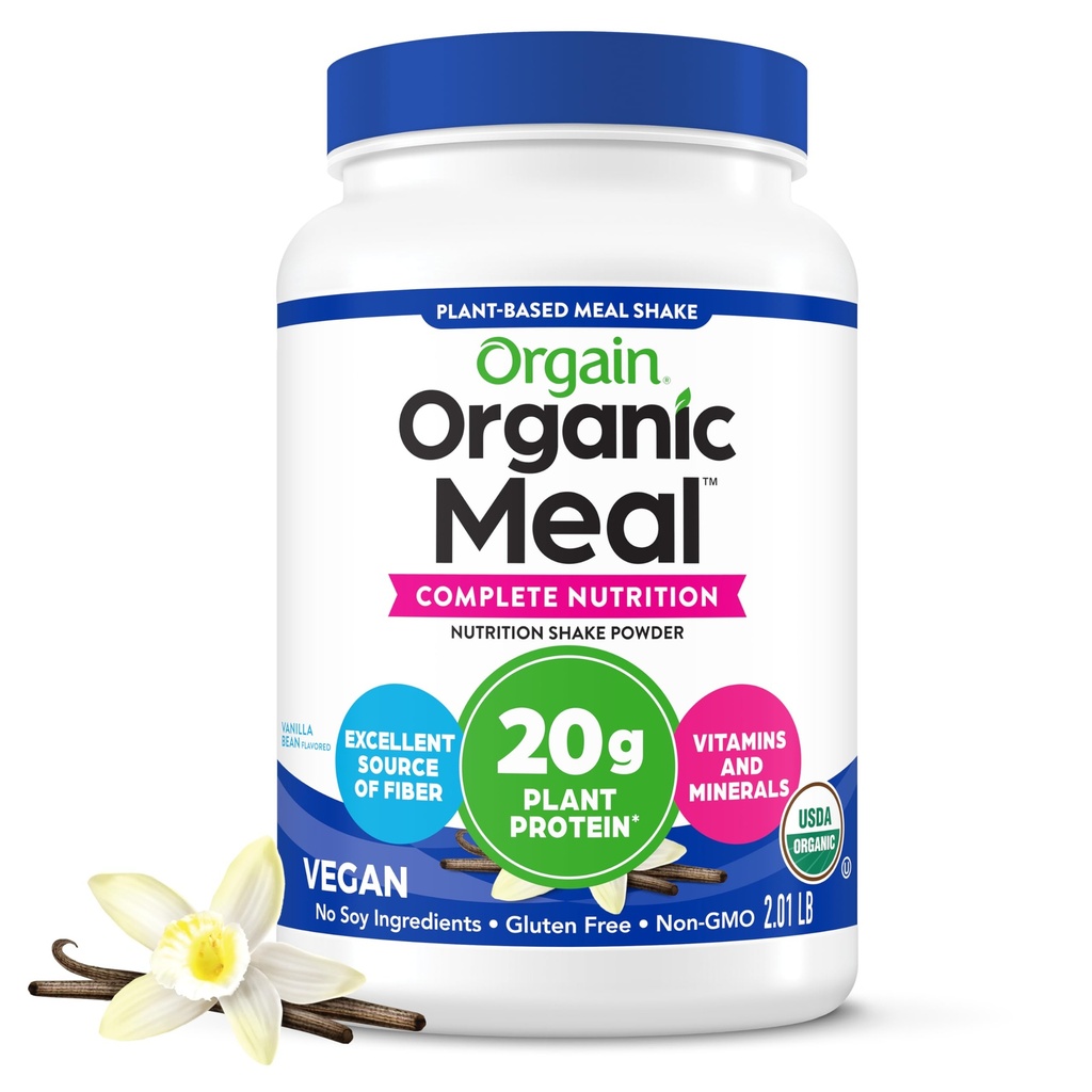 Orgain Organic Vegan Meal Replacement Protein Powder, Vanilla Bean - 20g Pflanzen basiertes Protein, Glutenfrei, Dairy Free, Lactosefrei, Sojafrei, Kein Zucker hinzugefügt, Für Glatte & Shakes - 2.03lb
