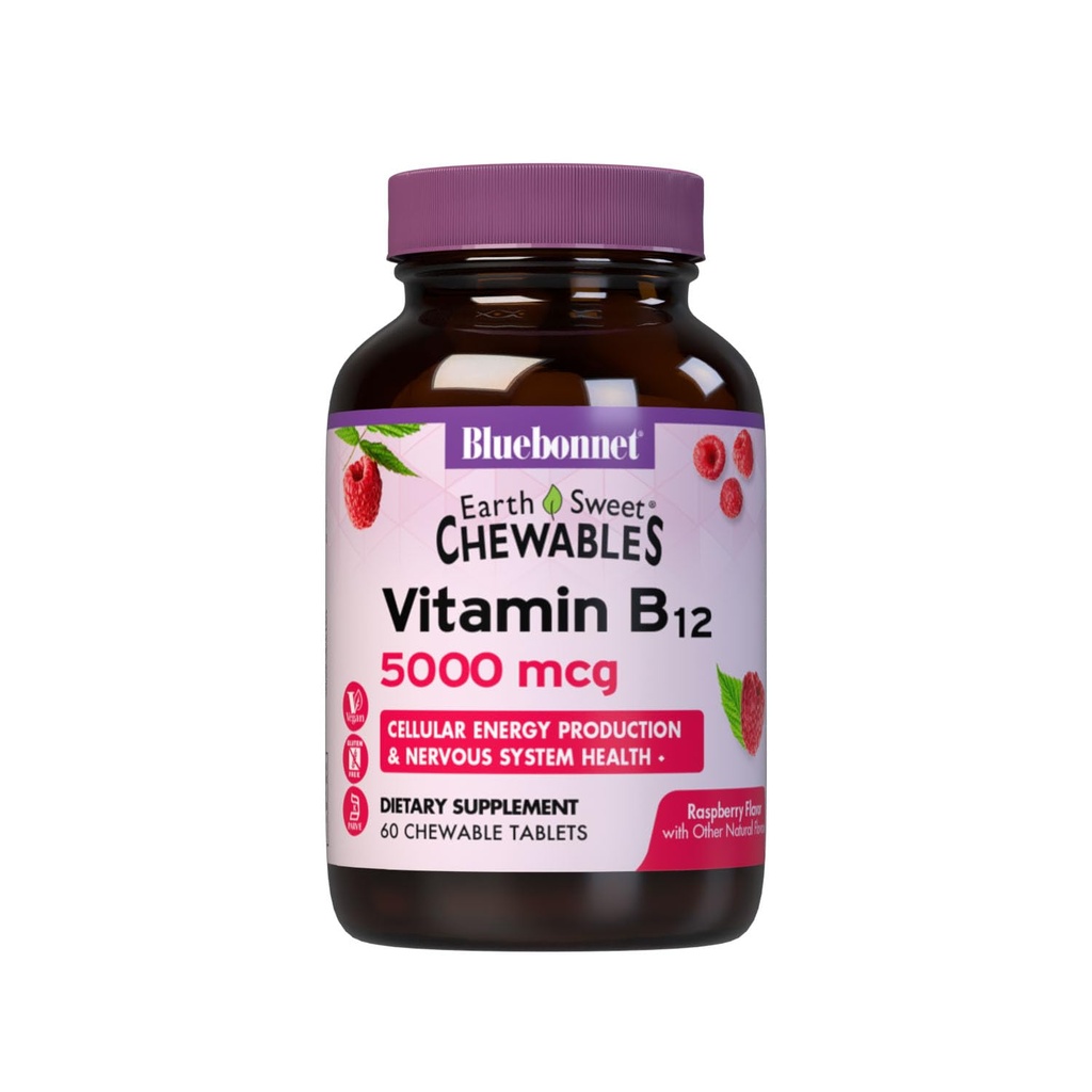 BlueBonnet Nutrition Earth Sweet Vitamin B12 5000 mcg Kautabletten, Sojafrei, Glutenfrei, Kosher Certified, Dairy-Free, Vegan, Raspberry Flavored, 60 Kautabletten, 60 Servietten