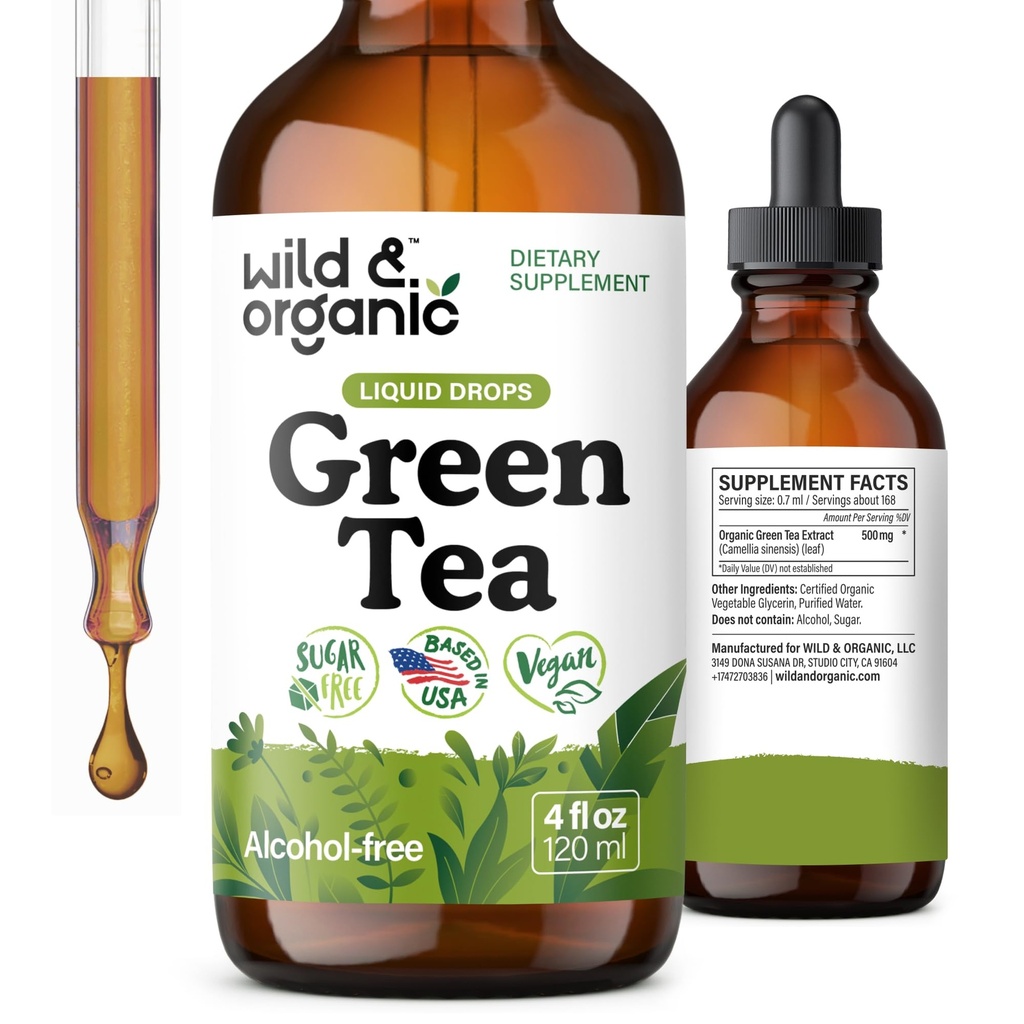 Wild & Bio Grüner Tee Extrakt flüssige Tropfen - Antioxidant-Rich Grüner Tee - 2-Monats-Versorgung - Vegan, Zucker & Alkoholfreie Camellia Sinensis Tinktur - 4 fl oz