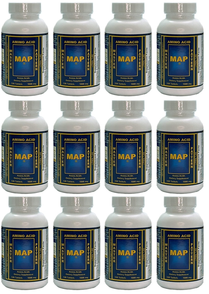 Pack de 12 bouteilles de MAP Master Amino Acid Pattern (120 comprimés/bouteilles) 99% utilisation nette d'azote (NNU) - Formule originale de Luca Moretti