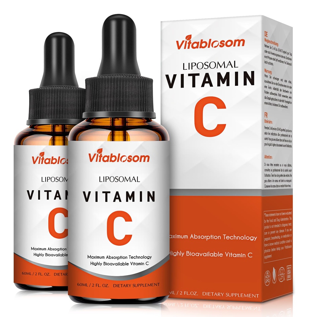 Vitamine liposomique C 2000mg Liquide pour adultes, haute absorption VIT C, Maximiser la vitamine C, système immunitaire et antioxydant, 60ML (2 bouteille)
