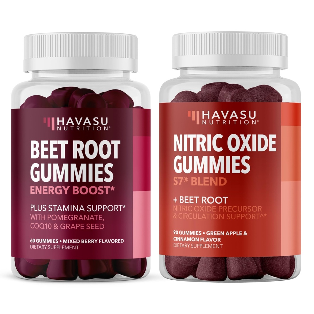 NUTRITION HAVASU Gommies à oxyde nitrique à racine L-arginine et à racine de betterave (1 mois d'approvisionnement) et gommies à racine de betterave avec COQ10 et grenade (1 mois d'approvisionnement)