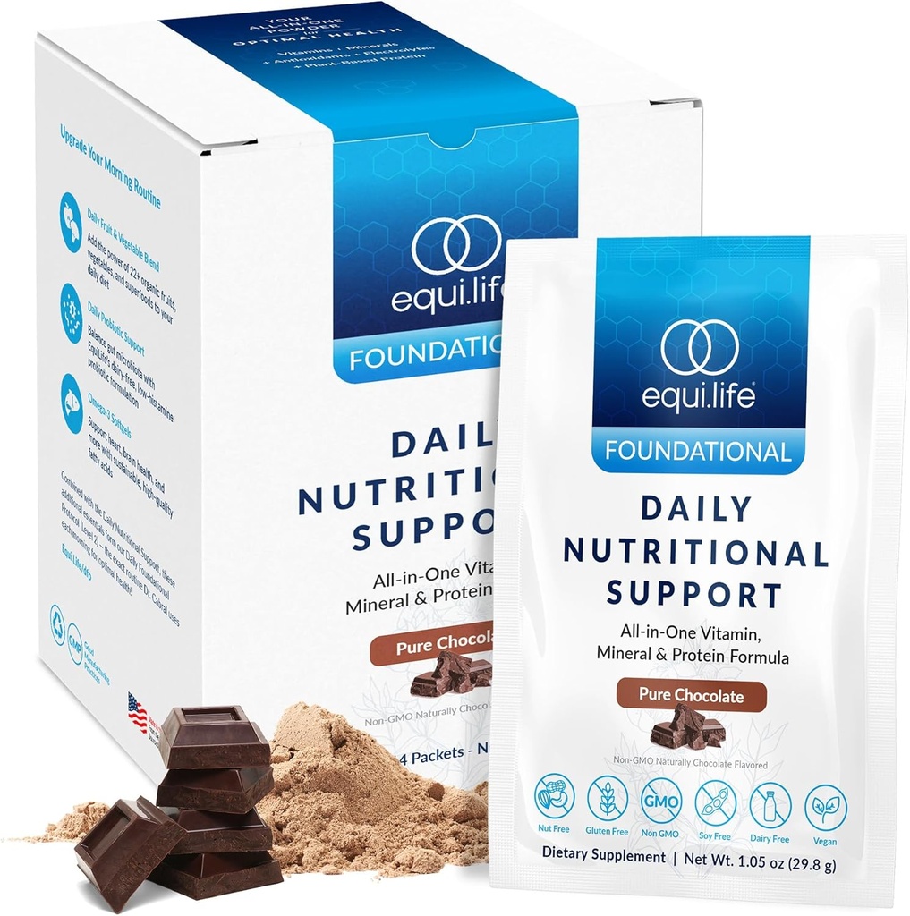 Equilife Daily Nutritional Support, All-in-One Multivitamin Meal Replacement, Pure Chocolate Flavor, 15G Plant Protein, unterstützt Gesamt Wellness inklusive Energie, Verdauung, & Skin, 14 Pakete
