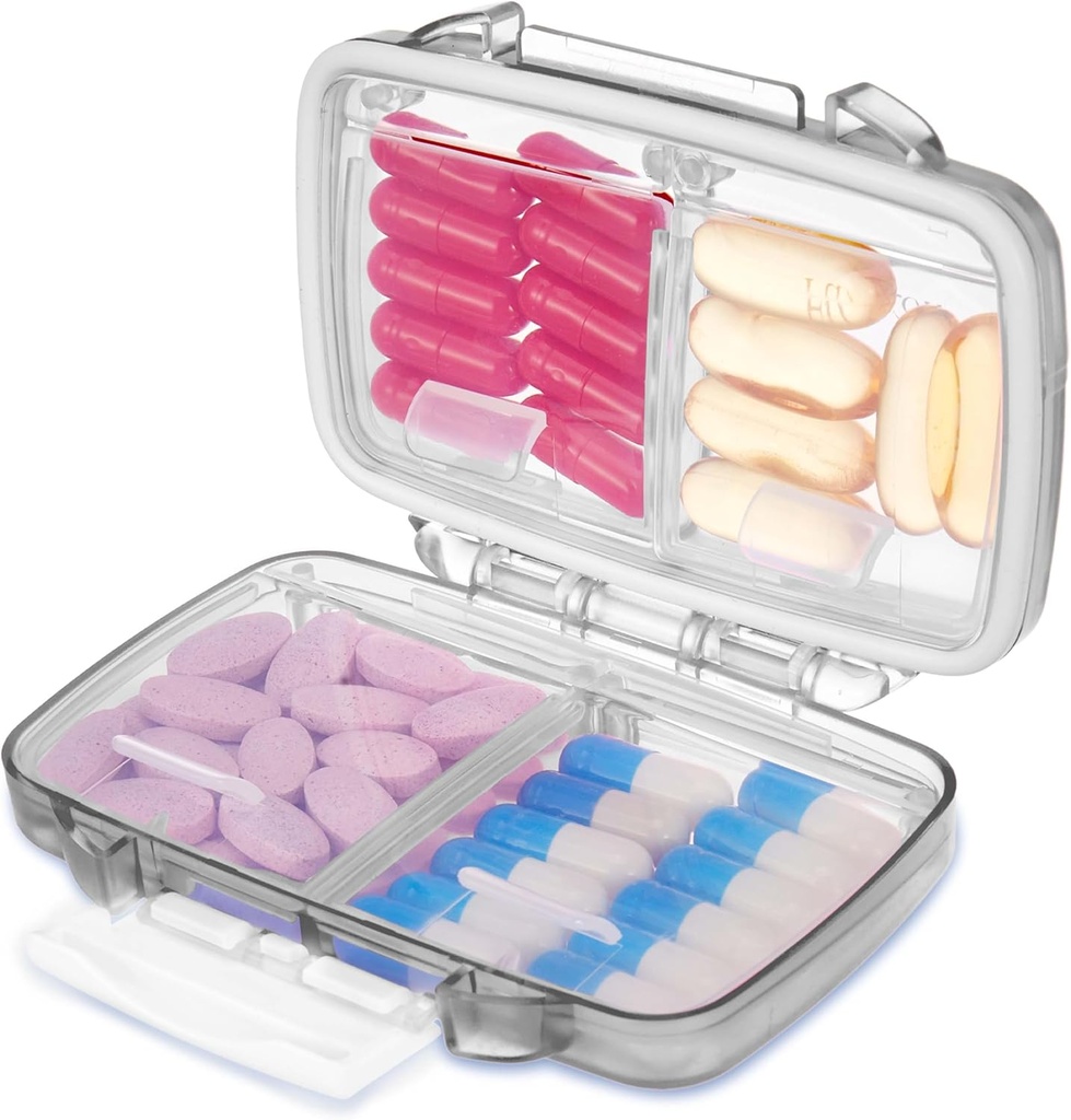 Fullicon Travel Pill Organizer, 4 Komponenten Tragbare Pille Case, Moisture Proof Small Pill Box mit Labels, Reise Pille Case mit Doppelschlösser, Pocket Pharmacy für Vitamin D3 & Fish Oil (Grau)