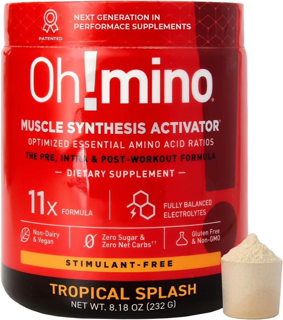Oh!mino Essential Amino Acids Supplement. Tropical Splash, Stimulantfreies Pulver. Alle 9 EAAs, BCAAs und die perfekte Amino für Workouts, Amino Energy, und um Muskeln zu bauen und schneller wiederherzustellen.