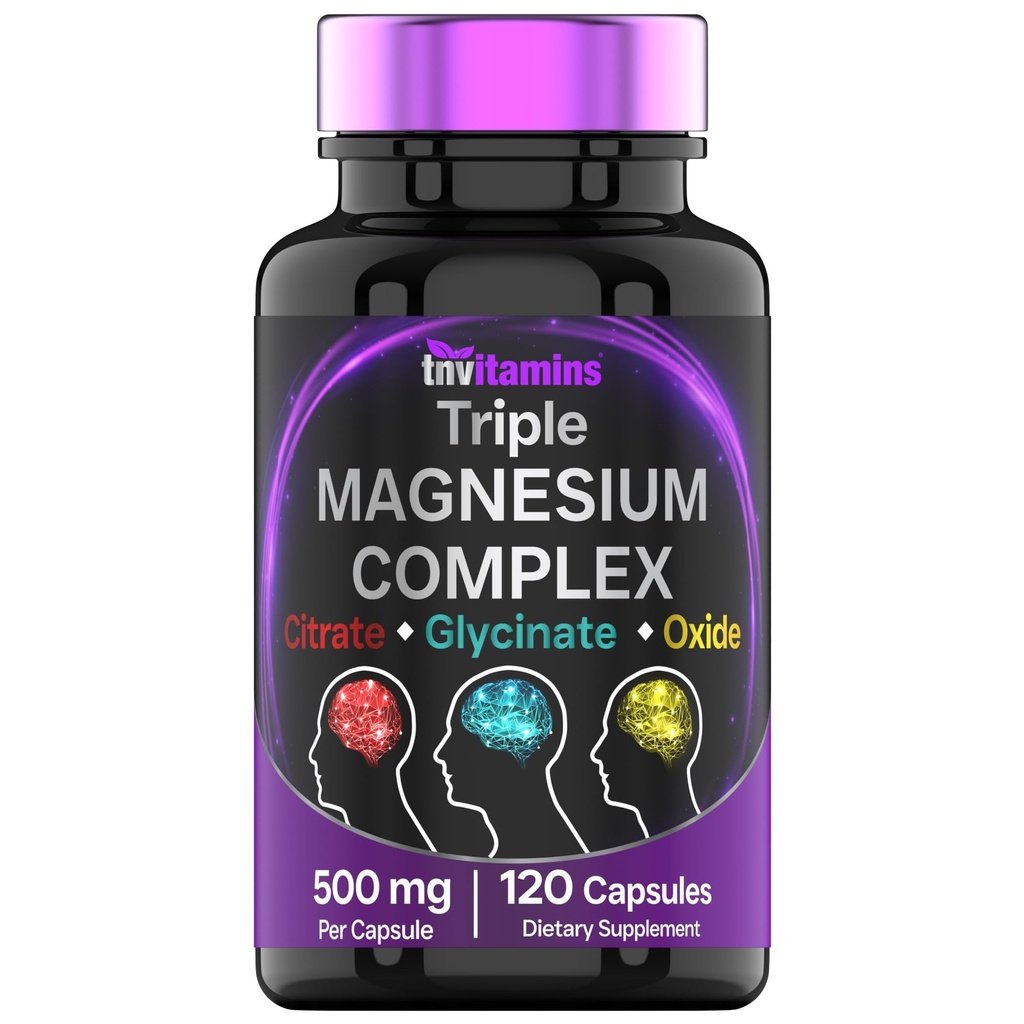 Triple Magnesium Complex Supplement 500mg: Magnesium Glycinat, Citrat, & Oxide - 120 Kapseln (4 Monate Versorgung!) | 1 Kapsel Servieren bietet 125% Tageswert | Non-GMO, Made in USA!