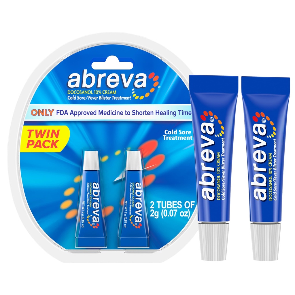 Abreva 10 pour cent Docosanol Traitement des plaies froides, traite votre plaquette de fièvre en 2,5 jours - 0,07 oz Tube x 2