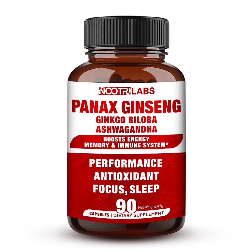 Korean Red Panax Ginseng 750mg Höchste Potenz mit Ginkgo Biloba und Ashwagandha, Boost Energy, Memory und Immune System - Fokus Ergänzung Pillen für Männer und Frauen, 90 Vegan Kapseln