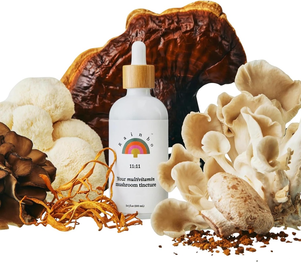 Rainbo - 11:11 Mehr Mushroom Tincture - 11-in-1 Dual Extract Mushroom Blend - Umfassende Immununterstützung, Gehirnunterstützung, Flüssige Lion's Mane & Turkey Tail, Vegan, Non GMO, 3,4 fl oz