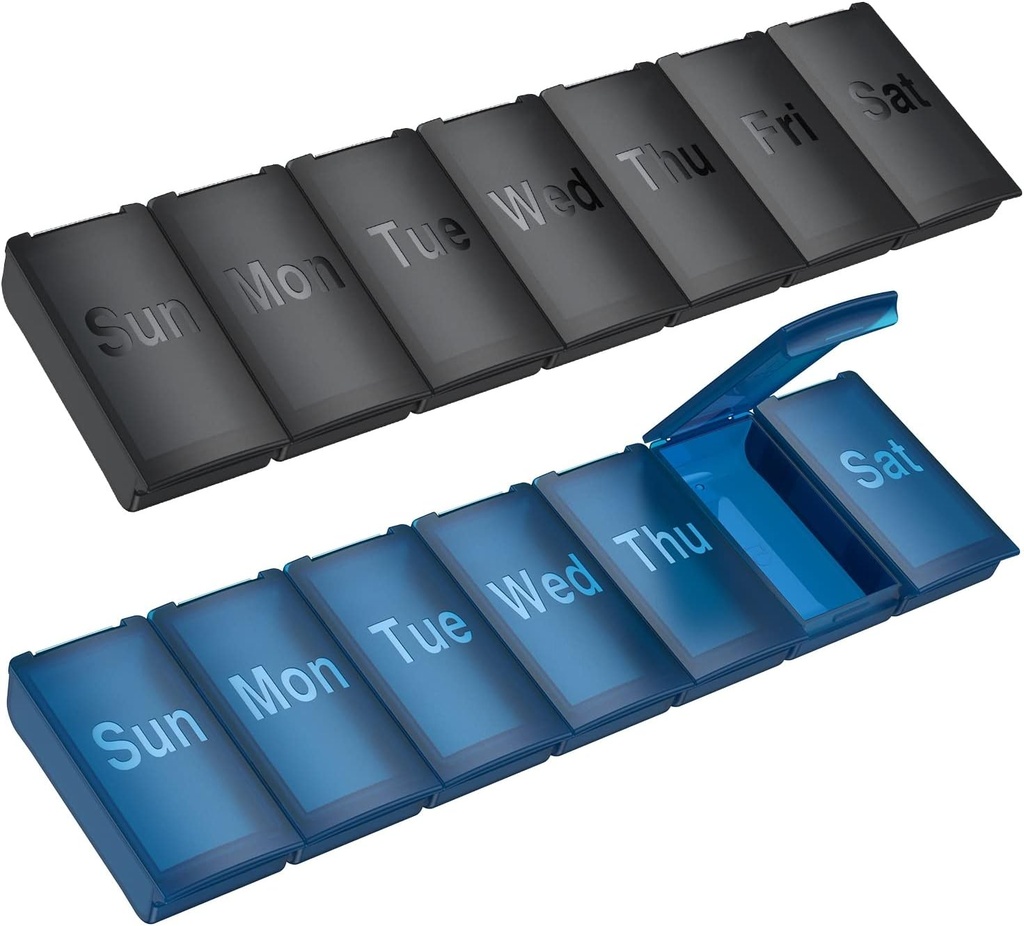 2 Pack Weekly Pill Organizer, Grand Daily Pill Box, Portable Travel Friendly 7 Day Pill Containers Porte-médecine, Handbag Camping extérieur Petite Pill Case pour Suppléments Huile de Poisson(Black+Blue)