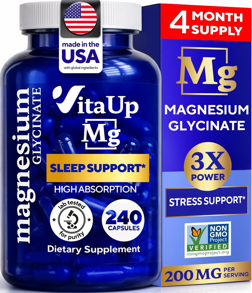 Glycinate de magnésium 200mg - Supplément de magnésium fabriqué aux États-Unis pour le sommeil, le cœur, les os, le métabolisme Support - Capsules de bisglycinate de magnésium à absorption élevée - 240 Capsules chélatées de végétalien
