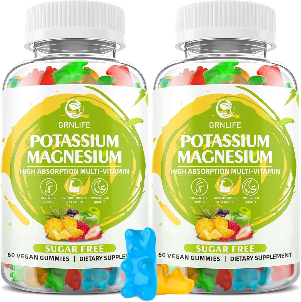 Potassium Magnesium Supplement Gummies, Potassium Gummies for Adults Kids, High Absorption Magnesium Glycinate for Leg Cramps & Immune Health, Sugar-Free, Vegan Mixed Flavors, 120 Count