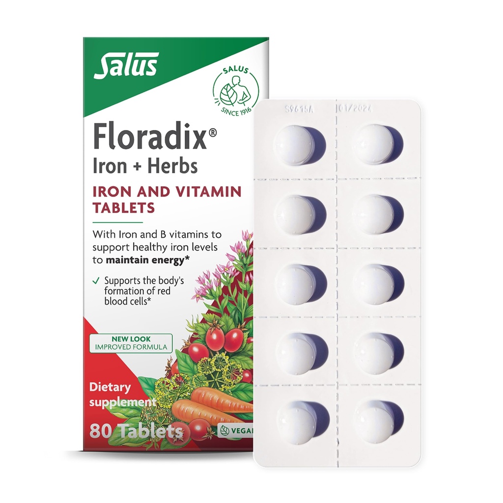 Floradix Eisen Tabletten - Eisen Ergänzung mit B Vitamine, Folsäure, Vitamin C & More - Energieunterstützung - Vegetarisch & Glutenfrei - 80 Tabletten (80 Servietten)
