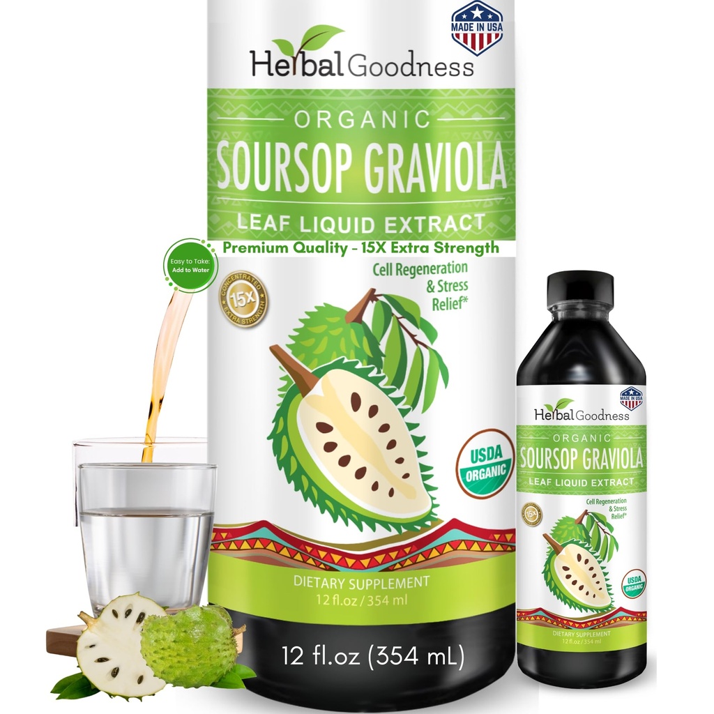 Herbal Goodness Soursop Graviola Liquid Drops 12 Fl Oz - 15X Strength Organic Guanábana Soursop Leaves Extract for Gut Health, Cell & Immune Support Serene Soursop Drops - Vegan, Non-GMO, Made in USA