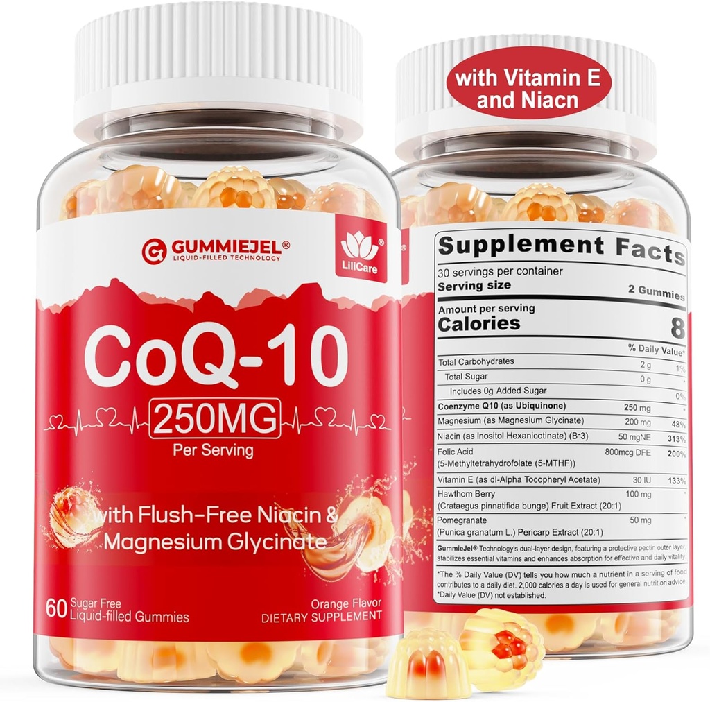 Zuckerfreie CoQ10 gefüllte Gummie 250MG, Coenzym Q10 w/Magnesium Glycinat, Niacin No-Flush Vitamin B3, E & Folsäure, Hohe Absorption CoQ10 für HEA-rt, Cellular Energy & Antioxidant