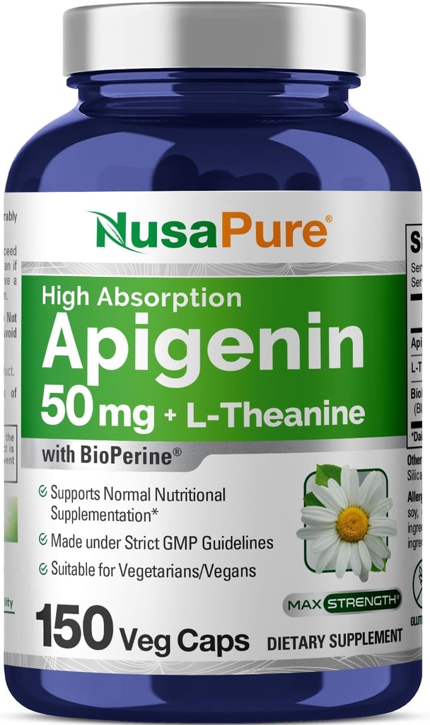 NusaPure Apigenin 50mg & L-Theanine 200mg, 150 Veggie Kapseln, Bioperine (Non-GMO, Glutenfrei)