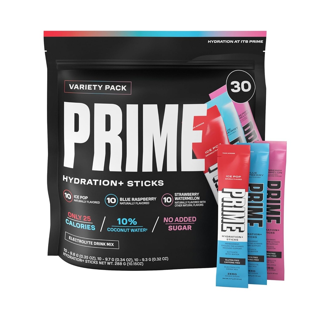 PRIME HYDRATION+ Sticks Variety Pack | Hydration Pulver Single Serve Sticks | Elektrolyt Pulver auf dem Go | Low Sugar | Caffeine-Free | Vegan | 30 Sticks