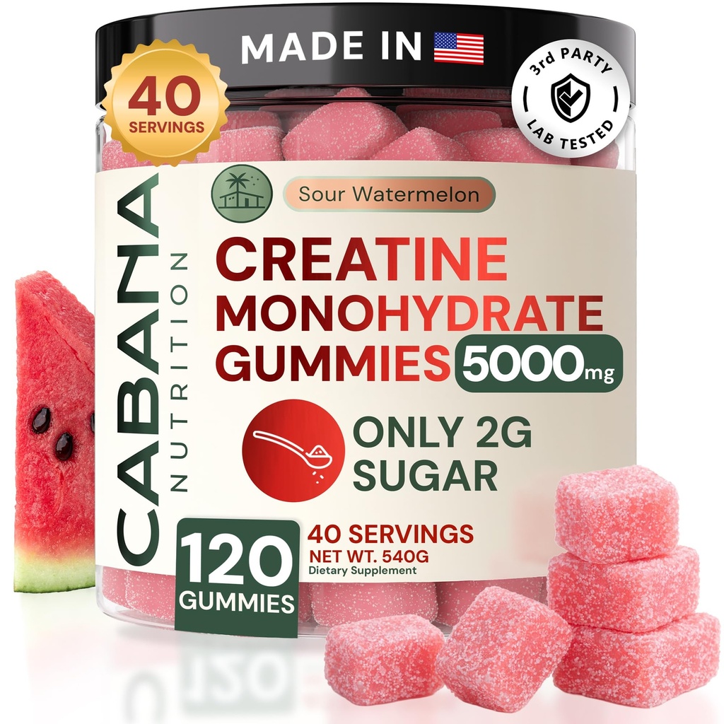 Kreatin Monohydrate Gummi 5g - Nur 2g Zucker, Made in USA - Sour Watermelon Flavor - Vegan & 3rd Party Getestet - Pre & Post Workout Supplement für Frauen und Männer (120 Count, 40 Servietten)