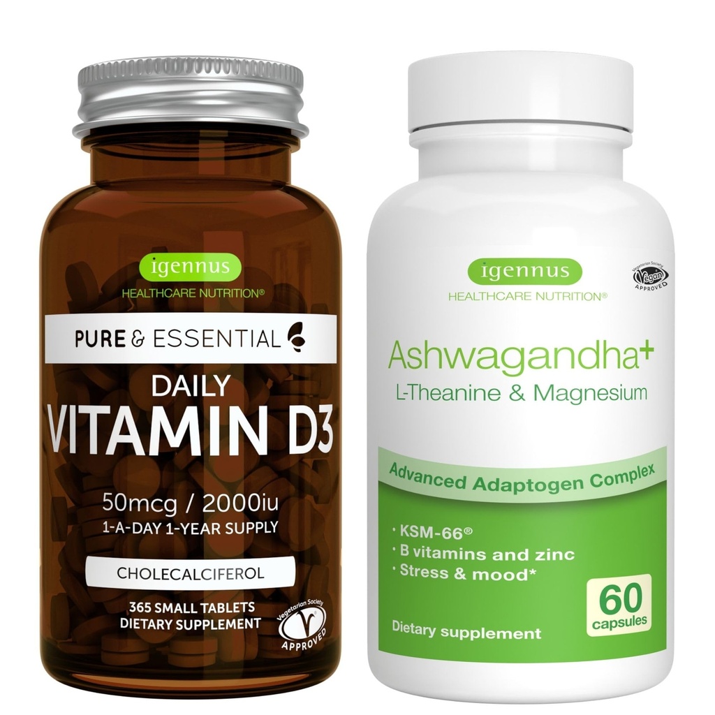 Täglich Vitamin D3 + Ashwagandha+ L-Theanin & Magnesium Vegetarian Bundle, 365 2000iu Vitamin D3 Tabletten + 600mg KSM-66 Ashwagandha mit Zink & B Vitamine, von Igennus