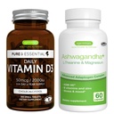 Täglich Vitamin D3 + Ashwagandha+ L-Theanin & Magnesium Vegetarian Bundle, 365 2000iu Vitamin D3 Tabletten + 600mg KSM-66 Ashwagandha mit Zink & B Vitamine, von Igennus