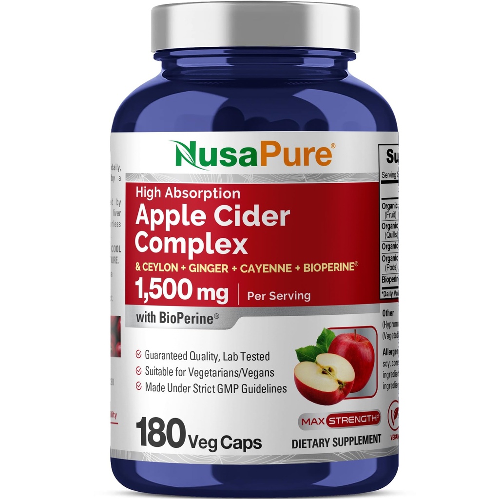 NusaPure Complex de vinaigre de cidre de pomme 1500 mg 180 capsules de légumes convenant aux végétariens et végétaliens, non-OGM