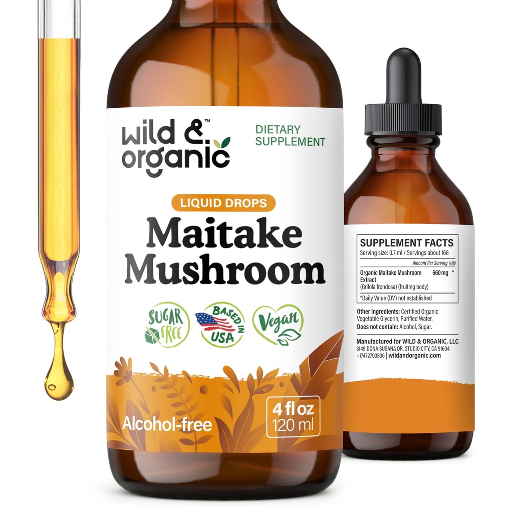 Wild & Organic Maitake Pilze Tinktur - Immununterstützungsergänzung - Flüssige Maitake Pilzextrakt - Vegan, Zucker & Alkoholfreie Tropfen - 4 fl oz