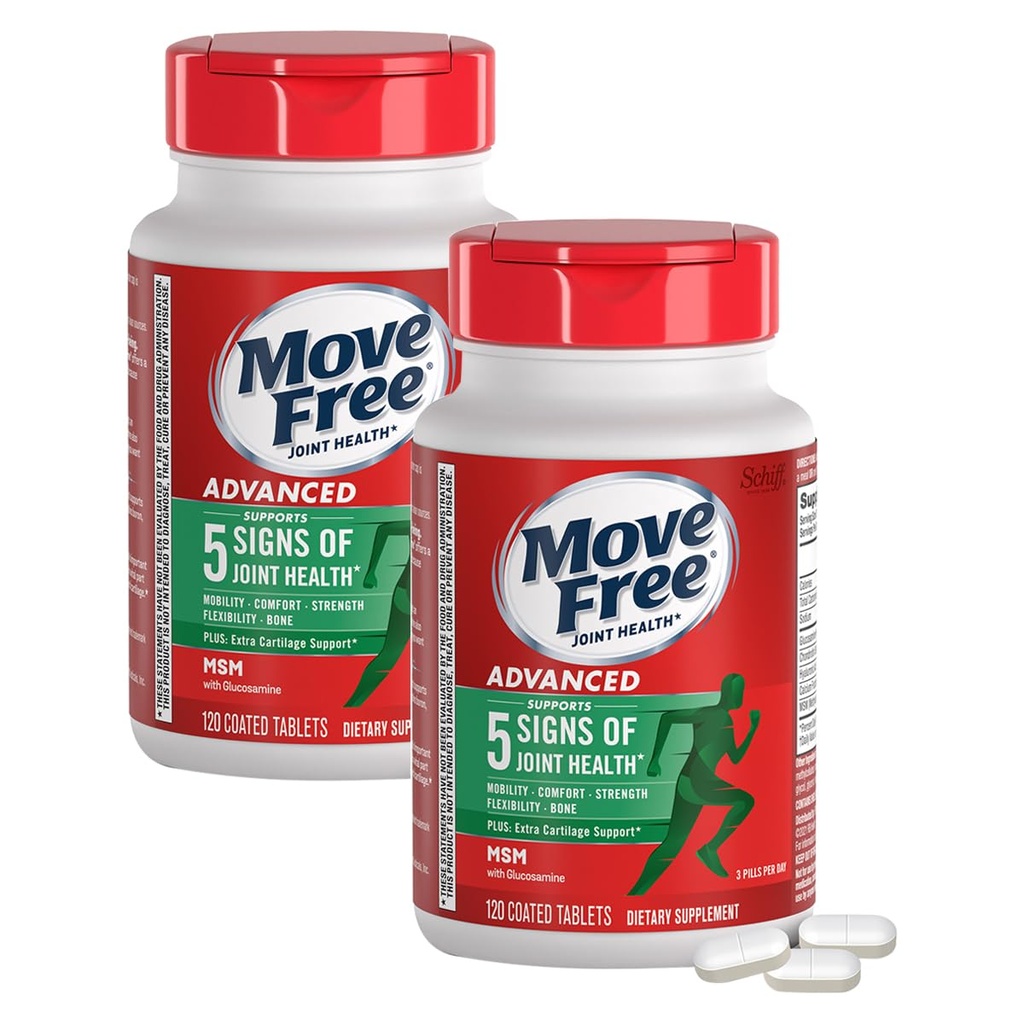 Déplacer sans glucosamine avancée Chondroïtine MSM Joint Support Supplément, soutient la mobilité, le confort, la résistance, la flexibilité et les os, 120 comprimés/40 portions (2 pack)