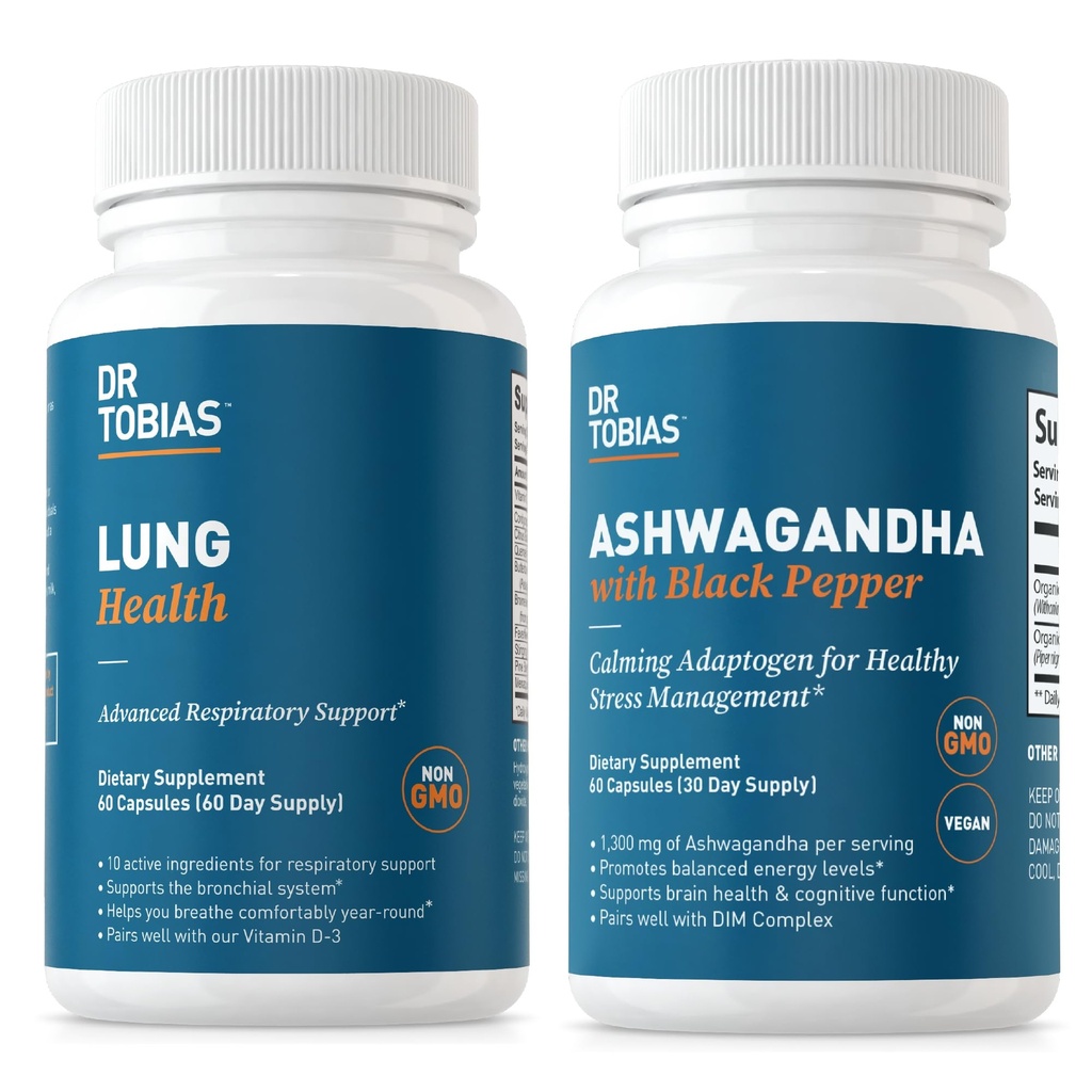 Dr. Tobias Lung Health and Ashwagandha Capsules - Lung Cleanse & Detox für Bronchial & Respiratory System mit Calming Adaptogen Formula, Non-GMO
