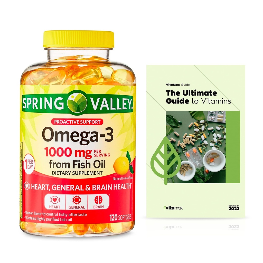Spring Valley Omega-3 de l'huile de poisson 1000 mg, soin maximal, 120 Compte + Guide exclusif VitaMax Vitamine (2 articles)