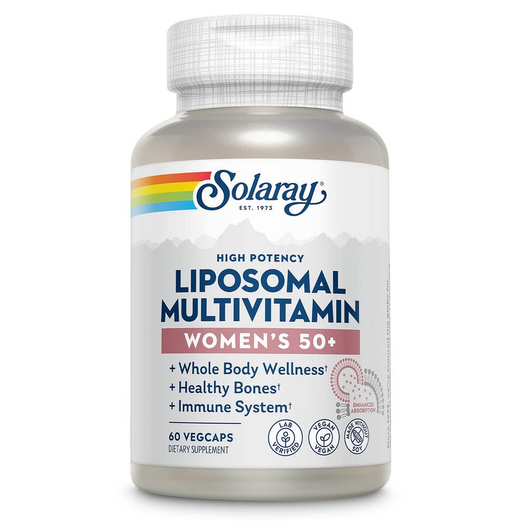 SOLARAY Multivitamine liposomique pour les femmes 50 Plus, Absorption accrue avec le fer, vitamine D, vitamine C, B12, Biotine et plus, Immunissance et santé des os, Vegan, 30 portions, 60 VegCaps