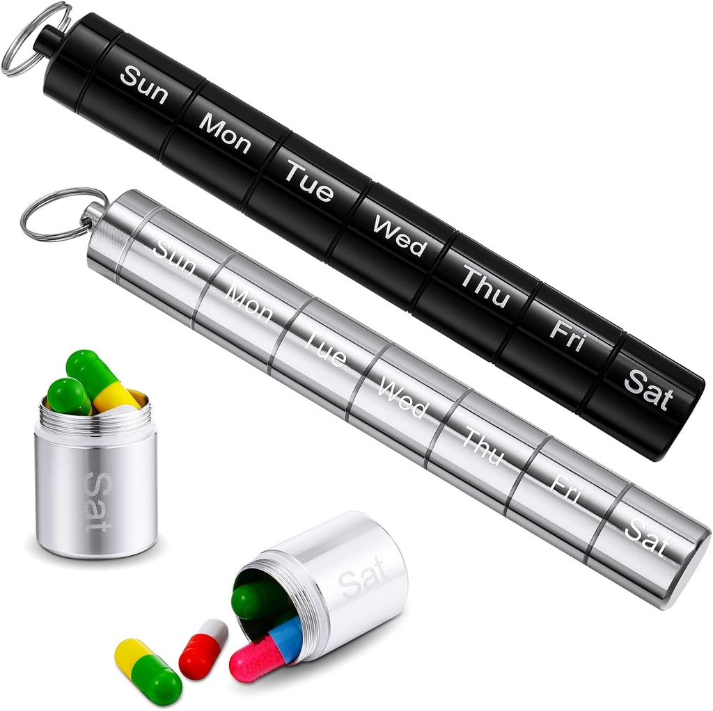 Vesici 2 Pack Metall Wöchentliche Pille Organizer Reisen Pille Container mit Schlüsselanhänger 7 Tage Wöchentlich wasserdicht kleine Kapseln Halter Case Box Stapelbar für Frauen Männer Reisen Outdoor (Schwarz, Silber)