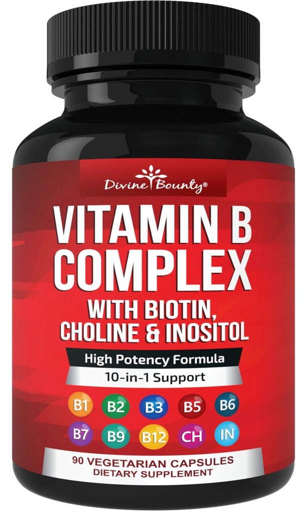 Vitamines complexes Divine Bounty Super B - Toutes les vitamines B incluant B12, B1, B2, B3, B5, B6, B7, B9, Acide folique - Supplément de vitamine B - Soutenir le métabolisme de l'énergie saine - 90 capsules végétariennes