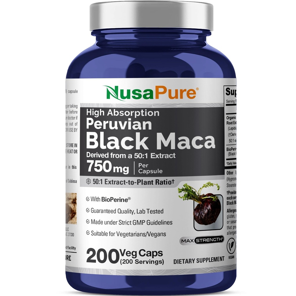 NusaPure Black Maca Root 50:1 Extrakt, 750 mg Äquivalent zu 37.500 mg 200 Veggie Per Caps (Vegan, Non-GMO)