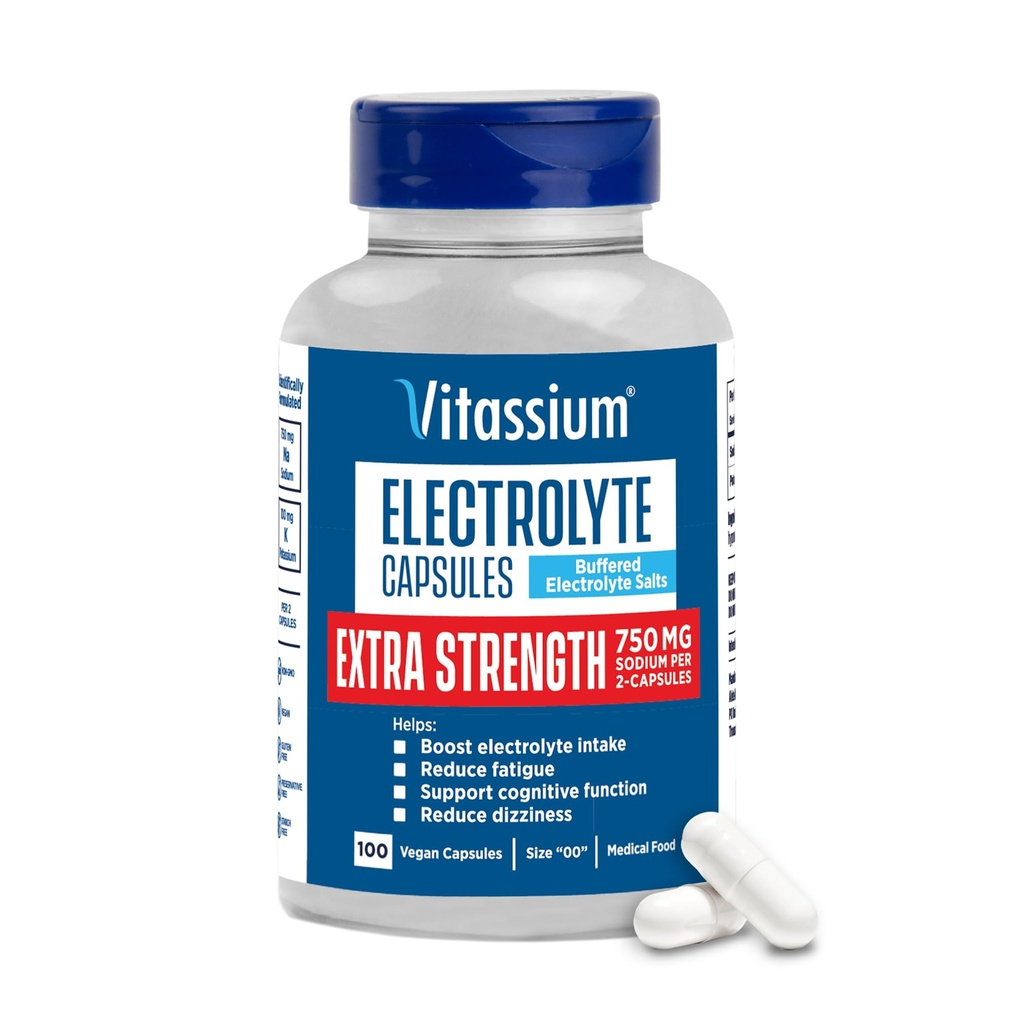 Capsules d'électrolyte Vitassium Extra Strength, 750mg de sodium pour la prise en charge des POT et des régimes à haute teneur en sodium, non aromatisé, 100 pilules de sel (taille 00)