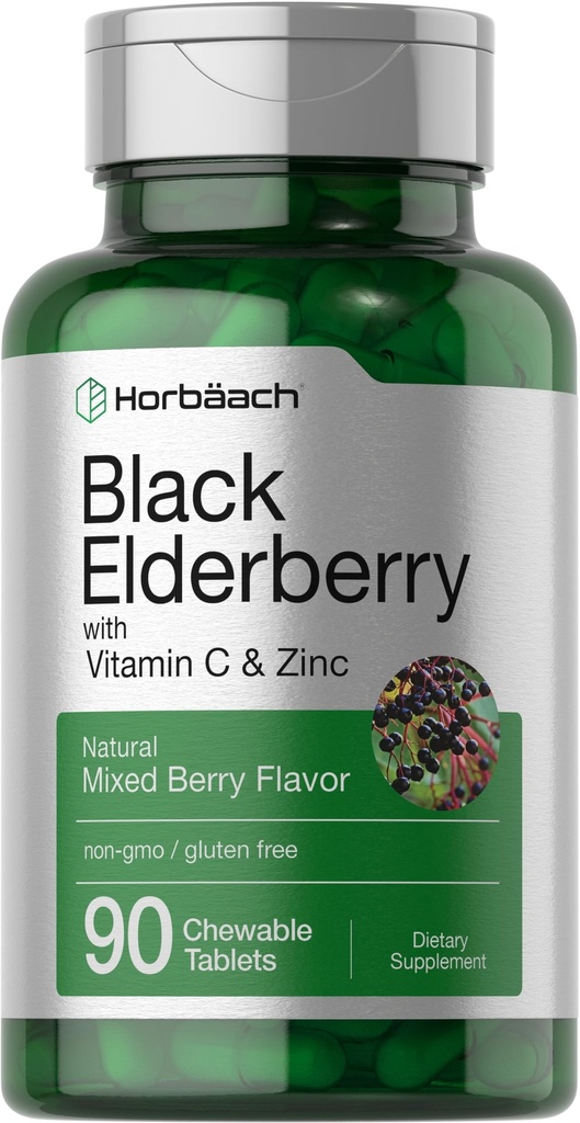 Horbaach Black Elderberry mit Vitamin C und Zink | 90 Kautabletten | Gemischte Berry Flavor | Immununterstützung Complex | Vegetarisch, Non-GMO und Glutenfreie Ergänzung