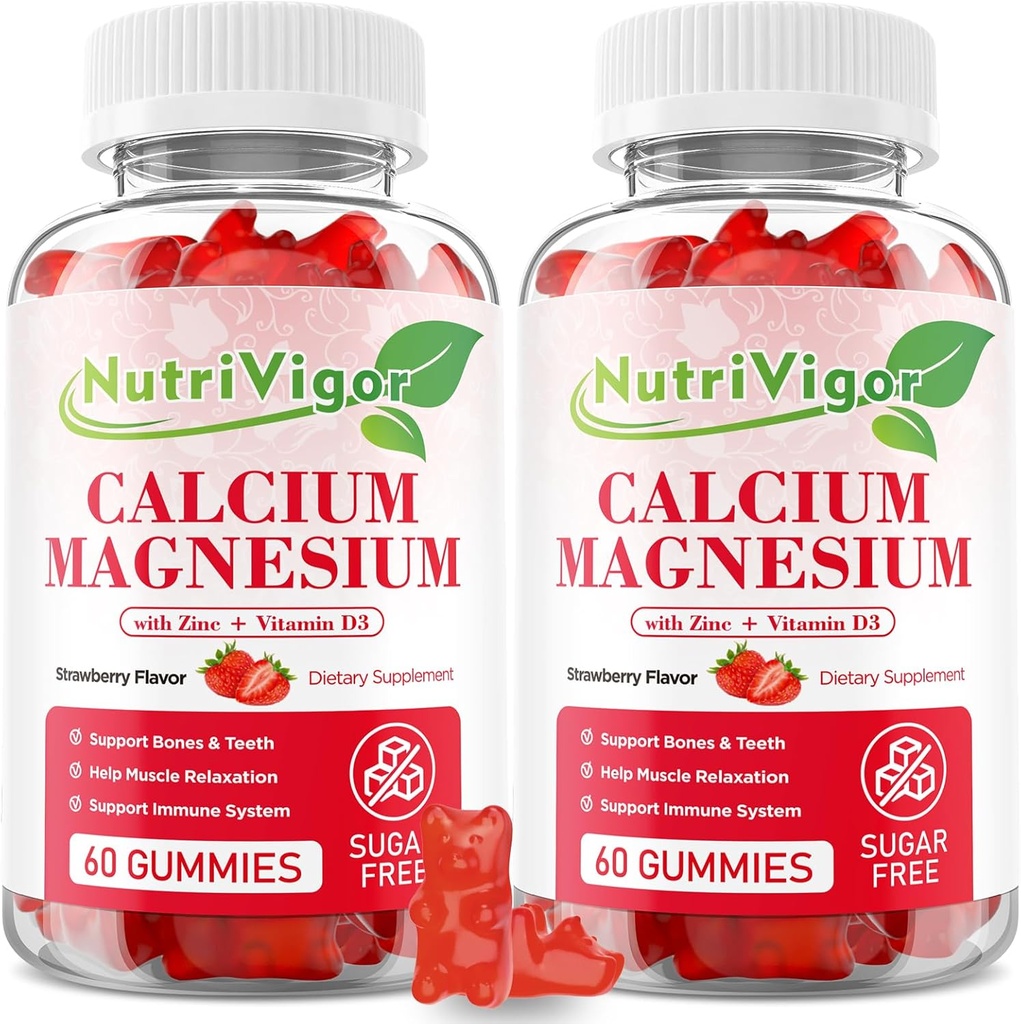 Calcium Magnesium Zink-Gummien mit hoher Absorption Magnesium 300mg, Kalzium-Ergänzung mit D3 für Knochen, Muskeln und Immununterstützung für Kinder & Erwachsene, Erdbeer-Flamour, 120 Zähler
