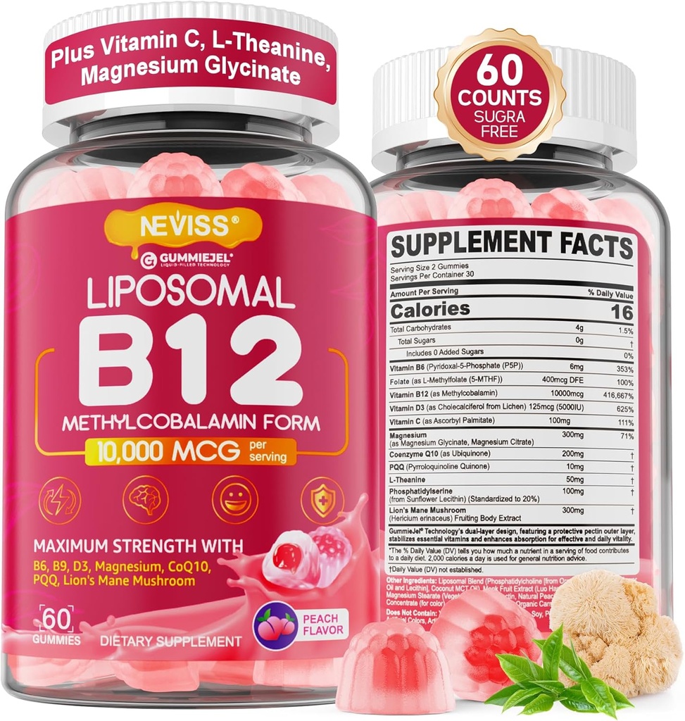 Methyl B12 Gummie 5000 mcg/10000 mcg w/L-Methylfolat, B6, Lion's Mane Mushroom, CoQ10, PQQ, Magnesium Glycinat, extra Strength Liposomal Vitamin B12 Complex for Energy, Focus,Brain & Immunity 1Pack