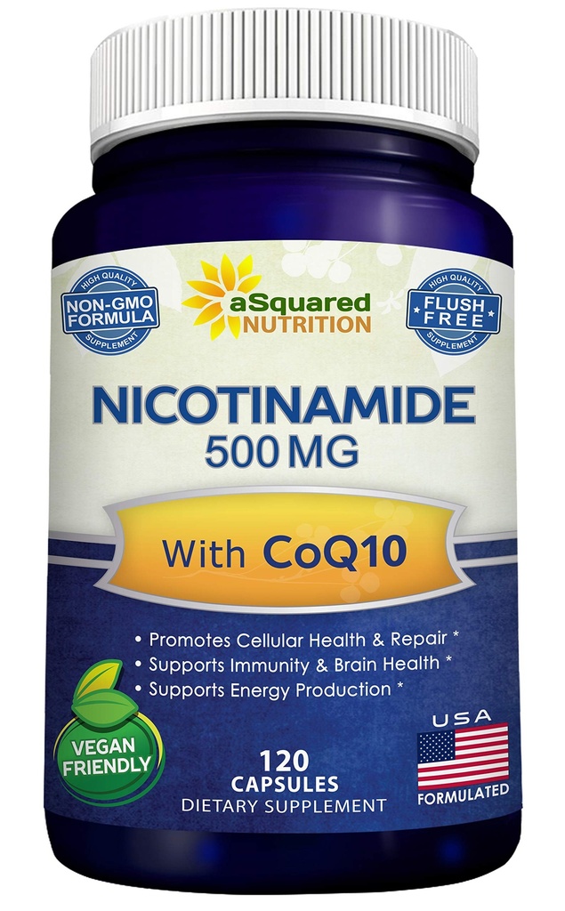 Nicotinamide avec CoQ10 (120 capsules) - Vitamine B3 500mg (Niacinamide Flush Free) - Coenzyme Q10 Poudre - VIT B-3 et Coq 10 pilules supplémentaires pour soutenir l'énergie, la DNA et la santé des cellules de la peau