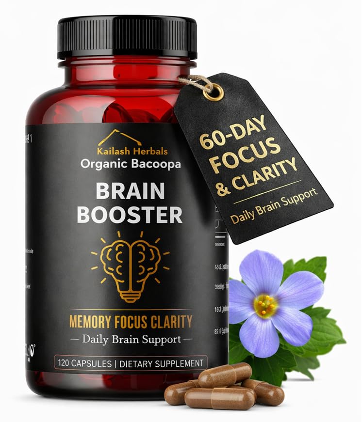 Bacopa, Organic Brain Booster, Nootropic Brain Supplement, Bacopa Monnieri/Brahmi, für Mental Sharpness, Fokus, Gedächtnis und kognitive Wellness, 120 Kapseln 500mg, 2 Monate Versorgung