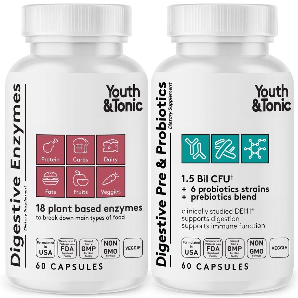 Jugend & Tonic Verdauungsergänzung für Bloating, Regularity & Gut Health. Full Spectrum Enzymes Probiotics & Prebiotics for Digestion to Break Down Food and to Use Daily, for Women & Men – 120 Pillen