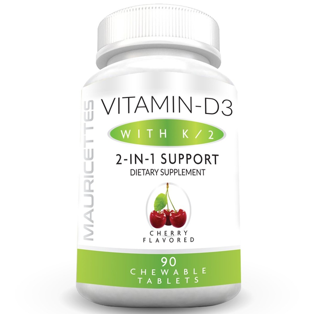 Mauricettes Kaubares Vitamin D3 mit K2 – 2-in-1 Knochen- & Herz-Gesundheitsunterstützung – Immun-Booster – Natürliche Kirsche Flavor – 90 Tabletten für Erwachsene & Kinder