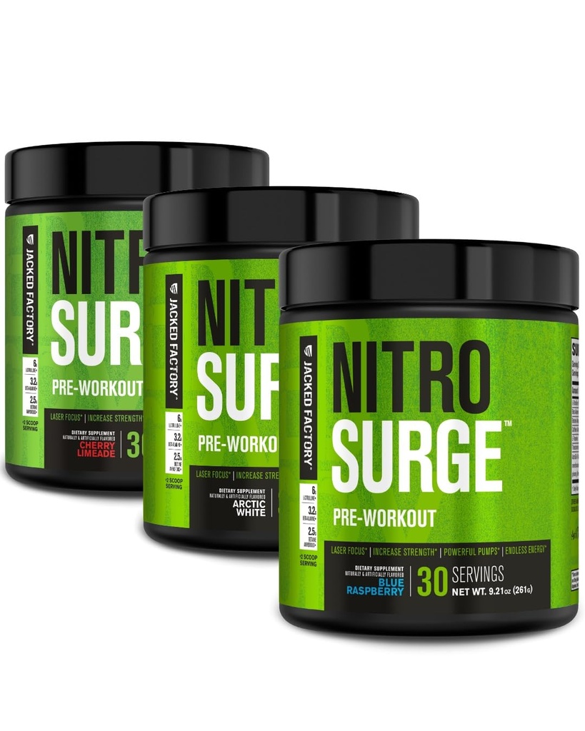 Jacked Factory NITROSURGE Pre Workout Supplement - Endless Energy, Instant Strength Gains, Klarer Fokus, Intensivpumpe | Cherry Limeade, Blue Raspberry, Arctic White (90 Portionen)