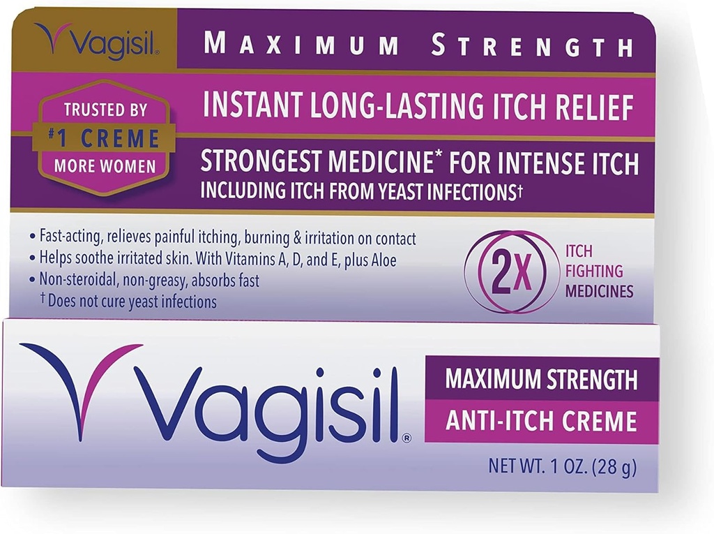 Vagisil Maximale Stärke Feminine Anti-Itch-Creme mit Benzocaine für Frauen, hilft, Hefe-Infektion Irritation, Gynäkologe getestet, Fast-Acting, Beruhigungen und Cools Haut, 1 Unze