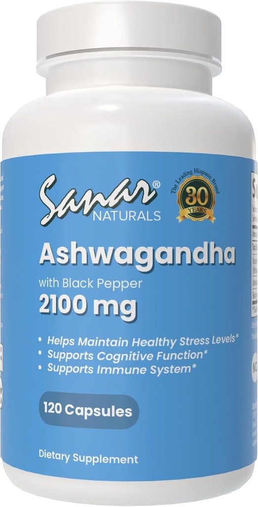 Sanar Naturals Ashwagandha 2,100 mg - Stress & Mood Support Supplement - Fördert Fokus und nachhaltige Energie, Ashwaghanda Pulver und Wurzelextrakt Mischung mit schwarzem Pfeffer - Non-GMO, 120 Kapseln