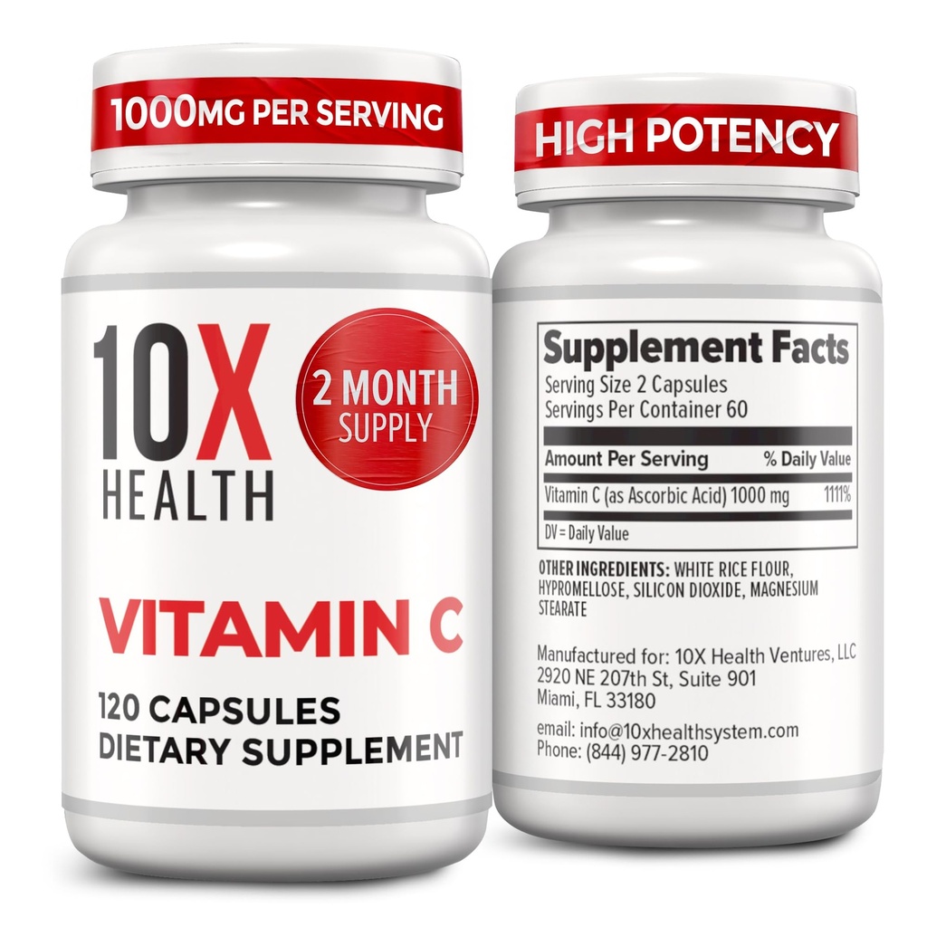 10X Gesundheit Vitamin C 1000mg - 120 Kapseln Vitamin C, hohe Dose Ascorbinsäure für Immunität, Antioxidantienschutz, Collagen & Tissue Unterstützung für Erwachsene - VitaminC 1000 mg - Nicht-GVO, Glutenfrei