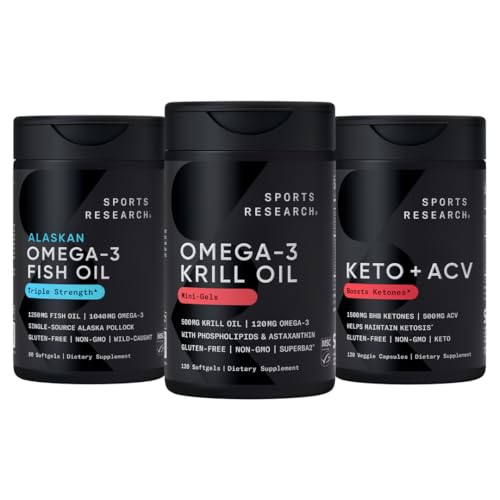 Sportforschung Triple Strength Omega-3 Fish Oil, Antarctic Krill Oil + Phospholipide, Choline & Astaxanthin Mini-Softgels, Keto Plus ACV 500mg Apfelegar & 1500mg goBHB Exogene Ketone